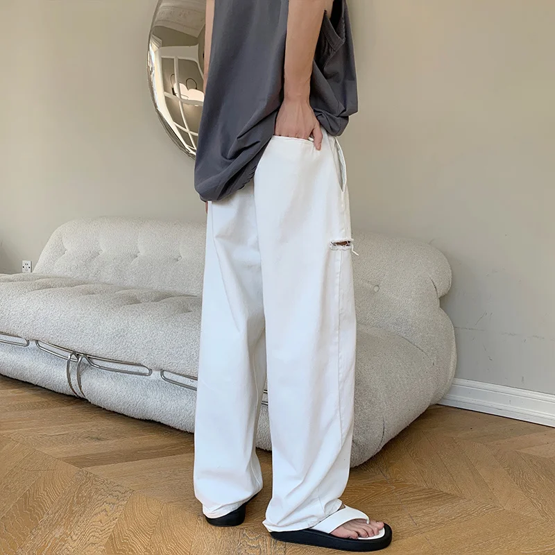 Summer White Baggy Jeans Men Fashion Oversized Wide Leg Jeans Mens Streetwear Korean Loose Hole Straight Denim Trousers Men