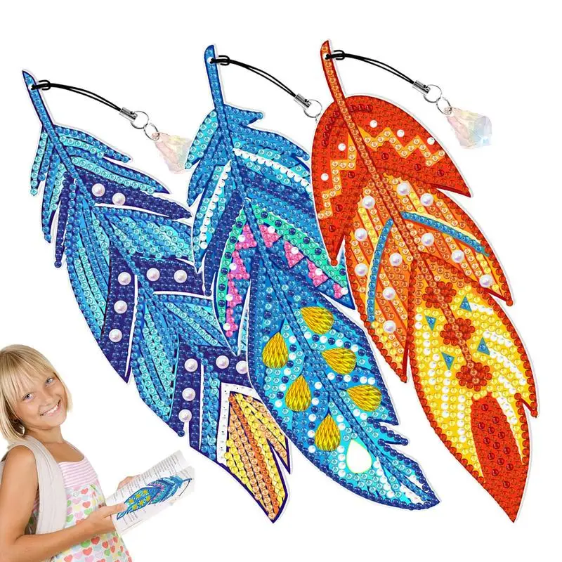 

Rhinestone Painting Feather Bookmark 3 Pcs DIY Rhinestone Painting Bookmarks With Crystal Pendant 5D Rhinestone Painting