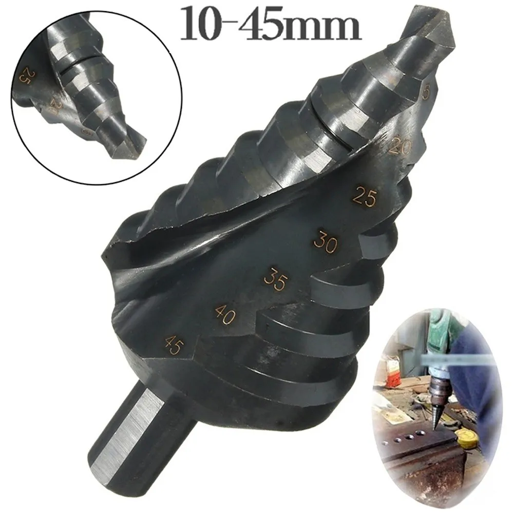 

10-45MM 8 Step HSS Spiral Groove Step Cone Drill Bit Hole Cutter Nitrogen Coated Triangle Shank Power Tools Parts Accessories