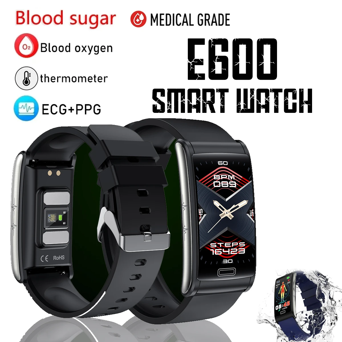 

Смарт-часы E600 для мужчин и женщин, неинвазивные Смарт-часы с ЭКГ, Глюкометром, пульсометром, монитором уровня сахара в крови