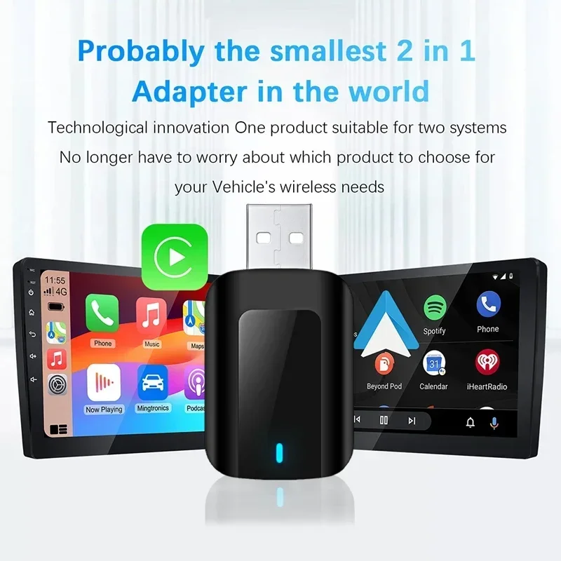 Универсальный адаптер MINI 2 в 1 проводный к беспроводному CarPlay Android Auto USB Bluetooth