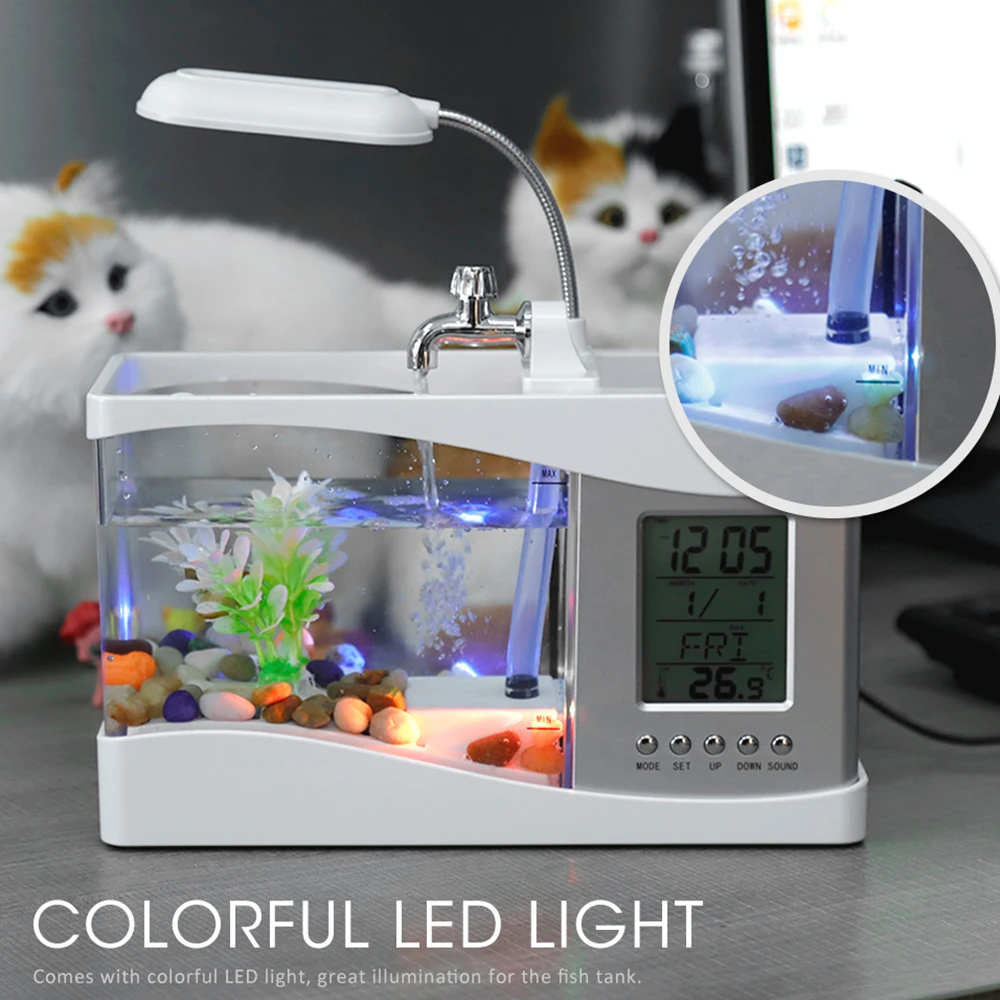 

Aquarium LED Mini Fish Tank Light Penholder Student Table Lamp Desk Light Aquarium Light Clock Function LED Light LCD Display