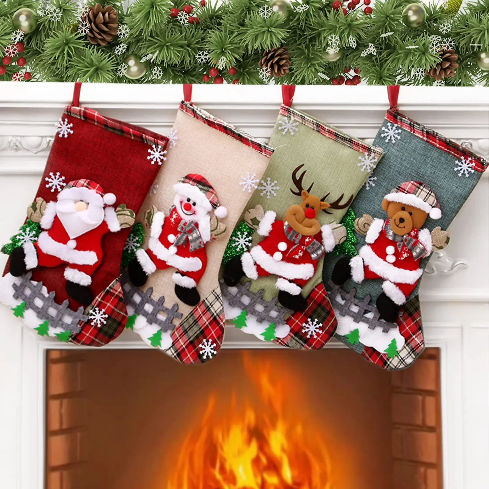 

Рождественские чулки 12,2 дюйма большого размера, подарочные пакеты для носков с Санта-Клаусом, мешочек для конфет, карман для снеговика, оленя, медведя, подвесное украшение для рождественской елки