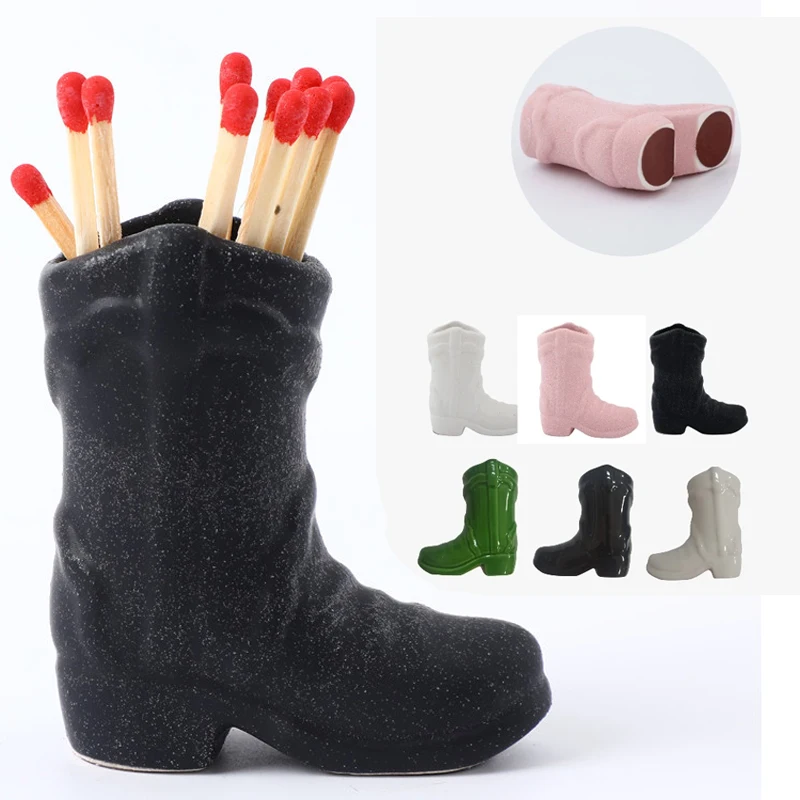 

Ceramic Match Holder Match Stand Decoration Home Fireplace Kitchen Decorations Cowboy Boot Match Holder With Striker Boho Style