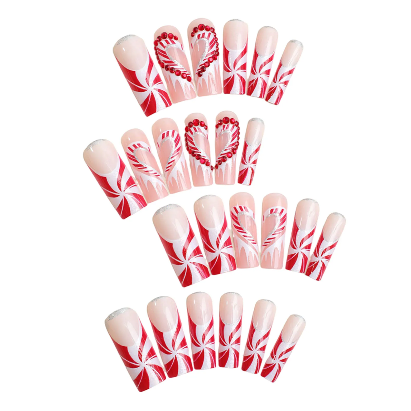 

24pcs Glossy Long Fake Nail Christmas Line Plaid Patchwork Artificial Nail for Beginners Nail Decoration Practice