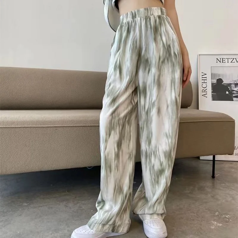 Harajuku Chic Fashion Women Green Tie Dye Casual Pants Spring Loose Straight High Waist Drop Wide Leg Trousers Mujer Streetwear