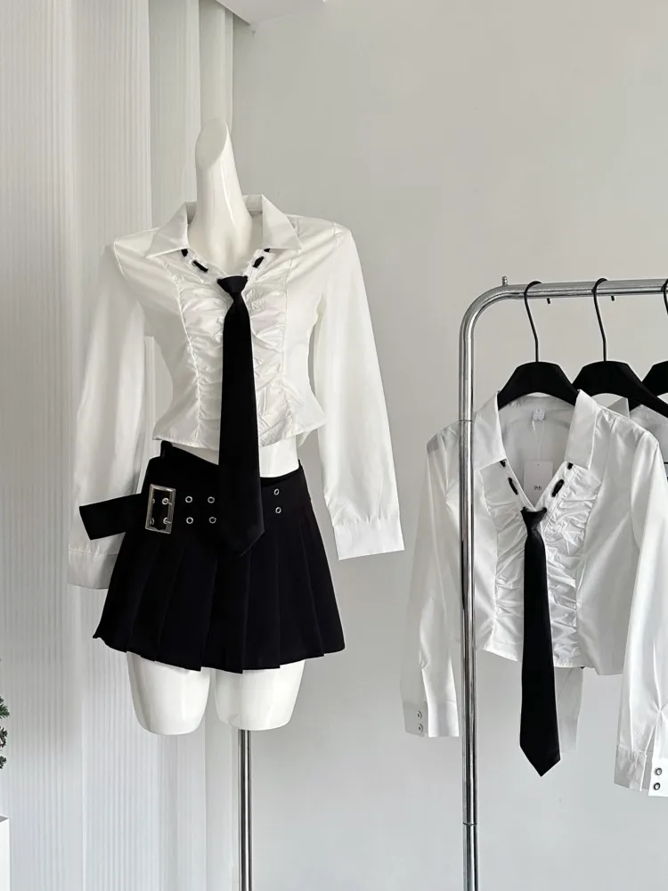 Осенний комплект из двух предметов Y2K короткий топ с длинным рукавом и отложным