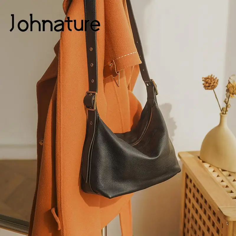 Johnature Genuine Leather Leisure Commuter Women Bag 2022 New Versatile Fashion Soft Real Cowhide Shoulder & Crossbody Bags
