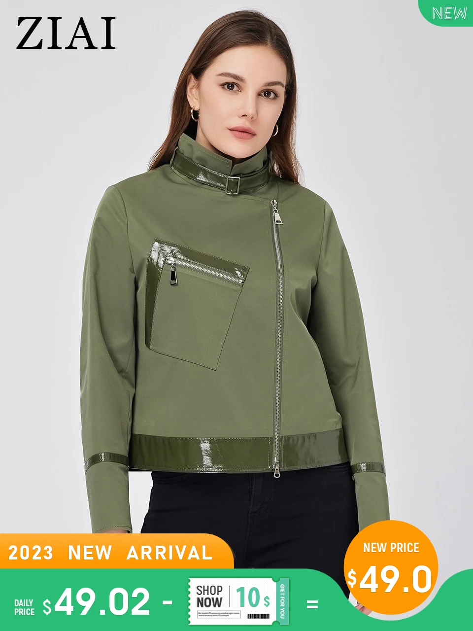 

ZIAI 2023 Spring Autumn Women's windbreaker Casual Short Diagonal zipper PU Splicing Fashion Women's trench coat ZS-20308