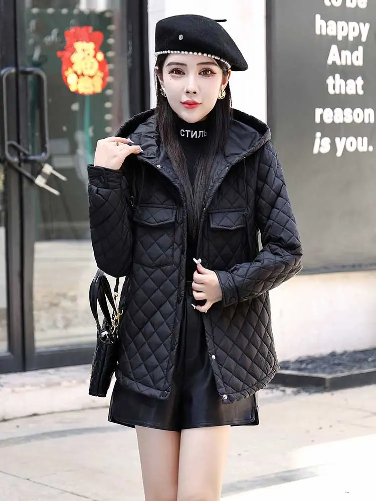 

EnchantedGrace Winter Cotton Padded Hooded Down Snow Parkas Warm Windbreaker Puffer Jacket Loose Outwear Female Zipper Clothes