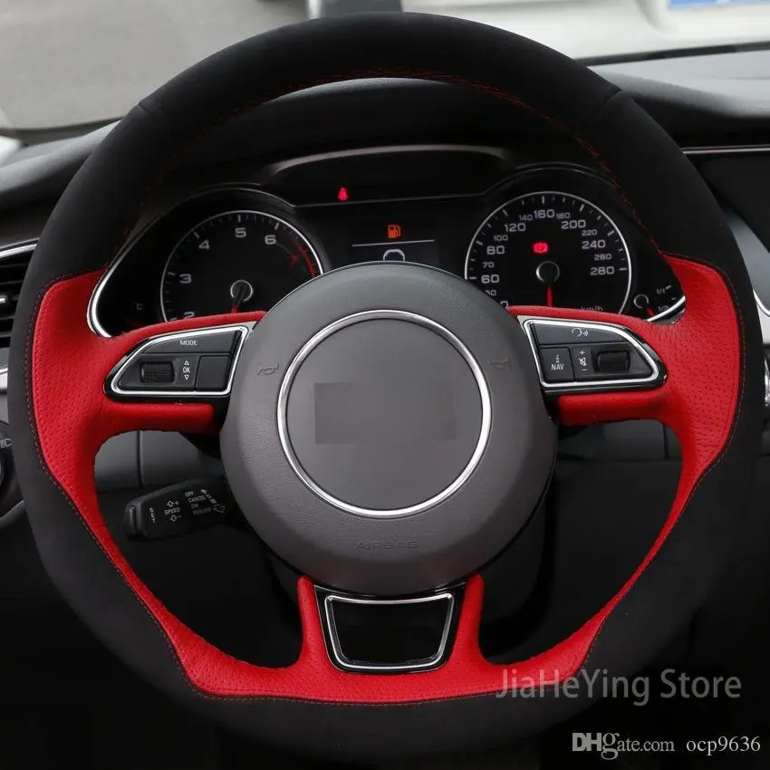 

Black Suede Red Leather Interior Car Steering Wheel Cover Wrap For Audi A1 A3 A5 A7 DIY Customized