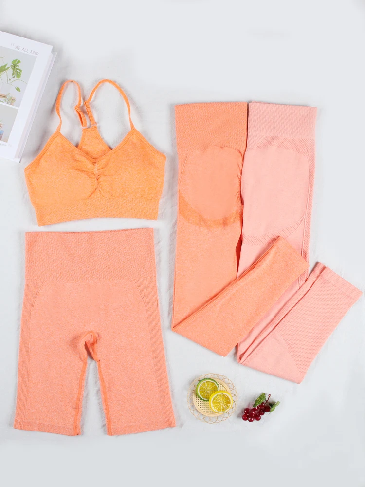 

CHRLEISURE бесшовный спортивный костюм для фитнеса и йоги спортивный бюстгальтер 4 шт. оранжевые костюмы женские леггинсы для бега теннисные шор...