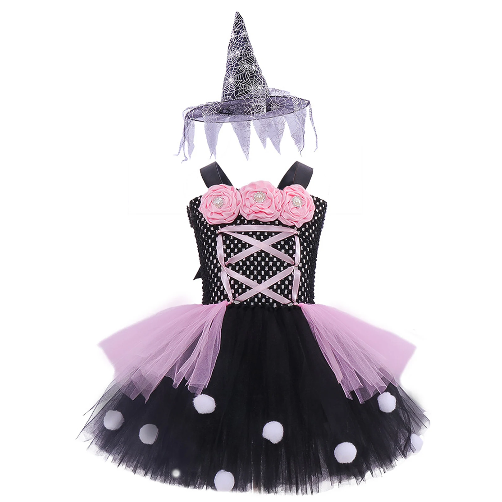 

#90-160 Kids Girls Halloween Witch Dress Up with Hat Costumes Flowers Applique Lace-up Pompoms Tutu Dress Spider Net Witch Hat