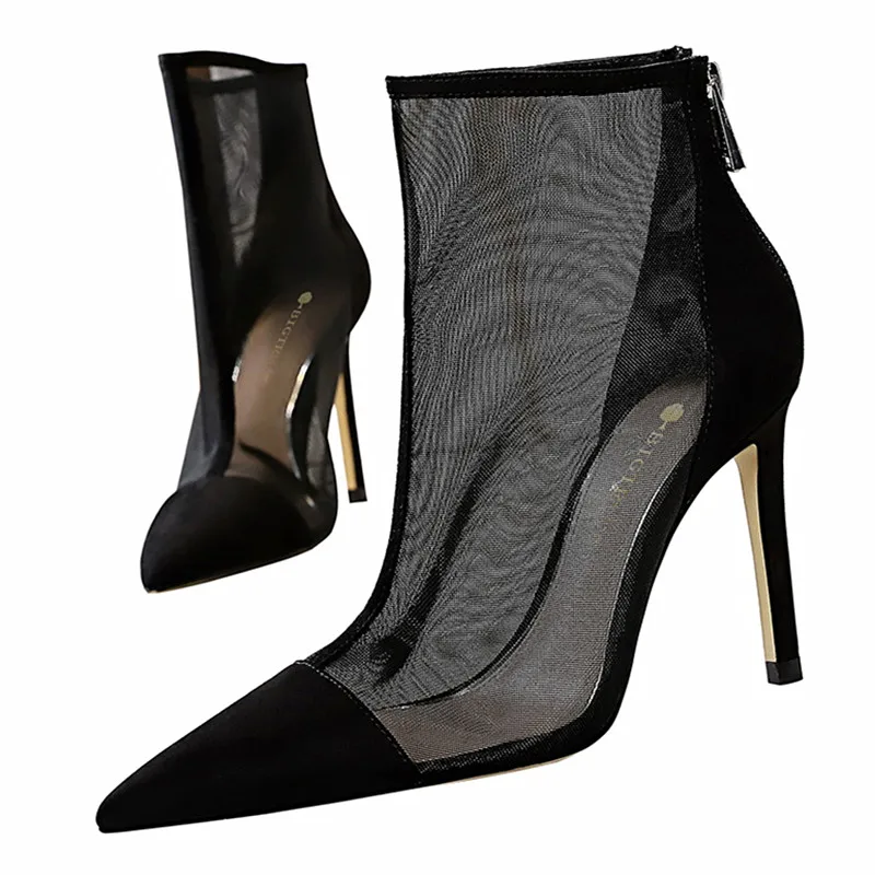 

Ботильоны Bigtree женские сетчатые, ботинки с острым носком, на шпильке, на молнии, пикантная обувь для вечеринки, размер 38, 39, весна