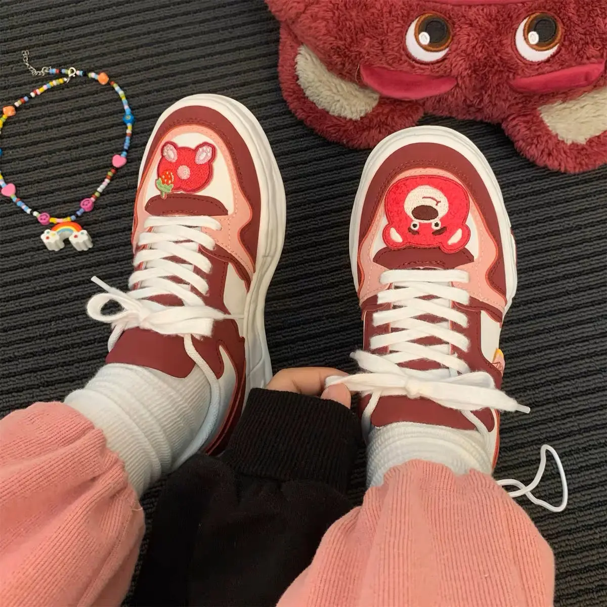 Lotso Strawberry Bear woman Shoes Children's Autumn Winter Shoes Color Contrast Casual Sports Red Shoes Fashion Cotton Shoes