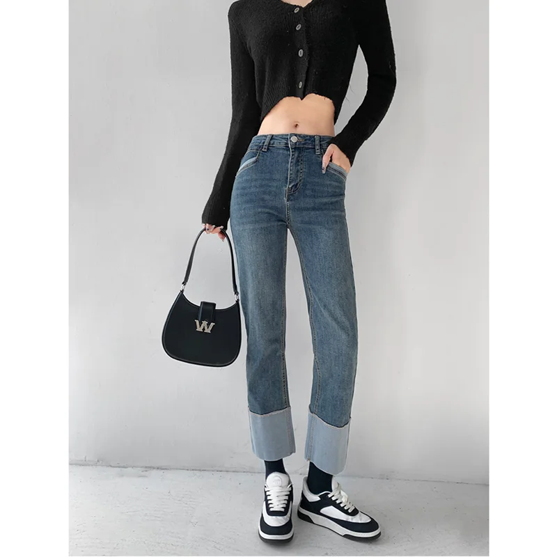 

Женские прямые джинсы в стиле ретро с пэчворком, новинка 2023, весенние облегающие брюки с завышенной талией и уплотнением дыма, универсальные темпераментные брюки