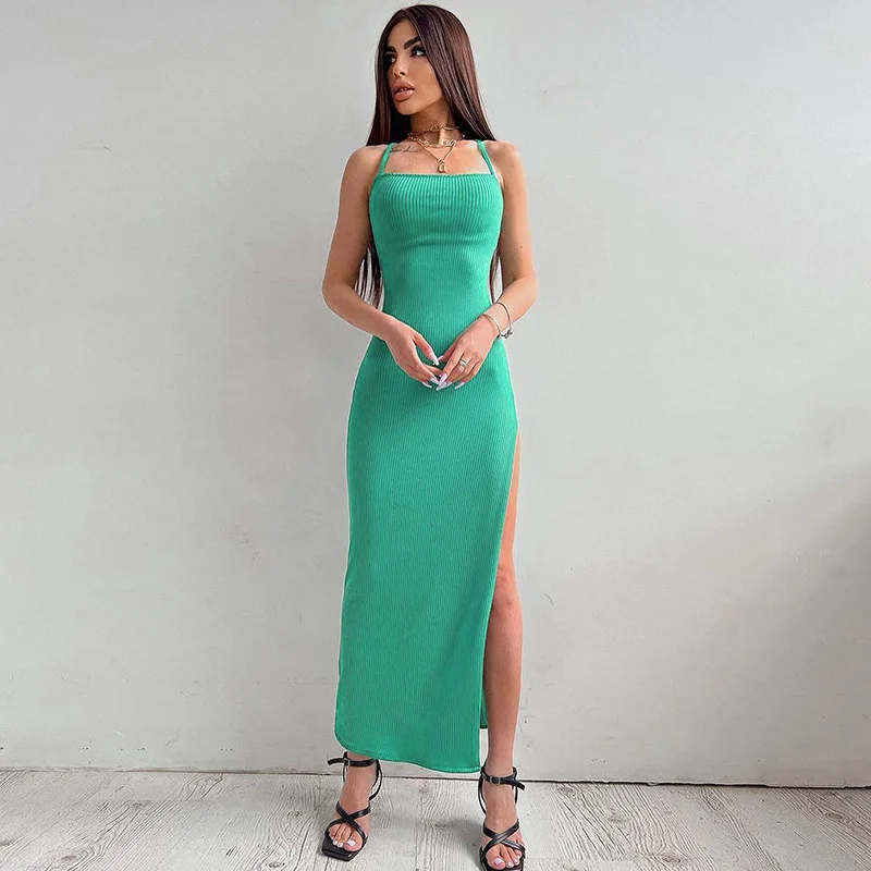 

Y2K Summer Women Sexy Backless Maxi Dress Female Stain Neck Elegant Spaghetti Stap Split Dresses For Party Evening Wedding Green