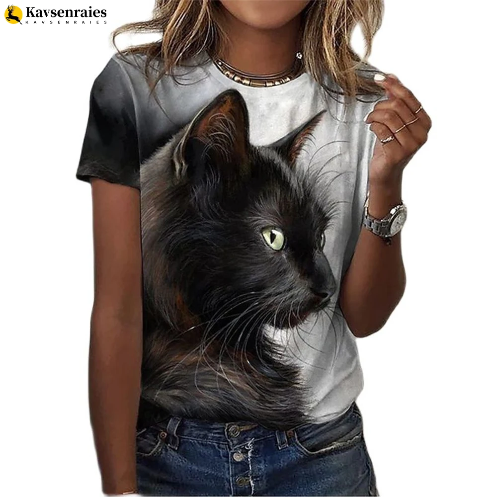 

Новинка 2022, летняя женская футболка, женская одежда, футболка с милым котом и 3D принтом, женская модная Повседневная Блузка с коротким рукав...
