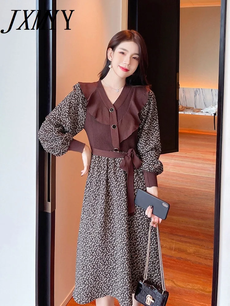 

2022 Autumn And Winter Fashion New Products Elegant Temperament Waist And Thin Ruffled Knitted Stitching Floral Mid-Length Dress