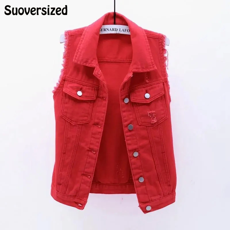 

Женский джинсовый жилет без рукавов, красный ковбойский однобортный жилет с карманами в Корейском стиле, Повседневная летняя Джинсовая без...