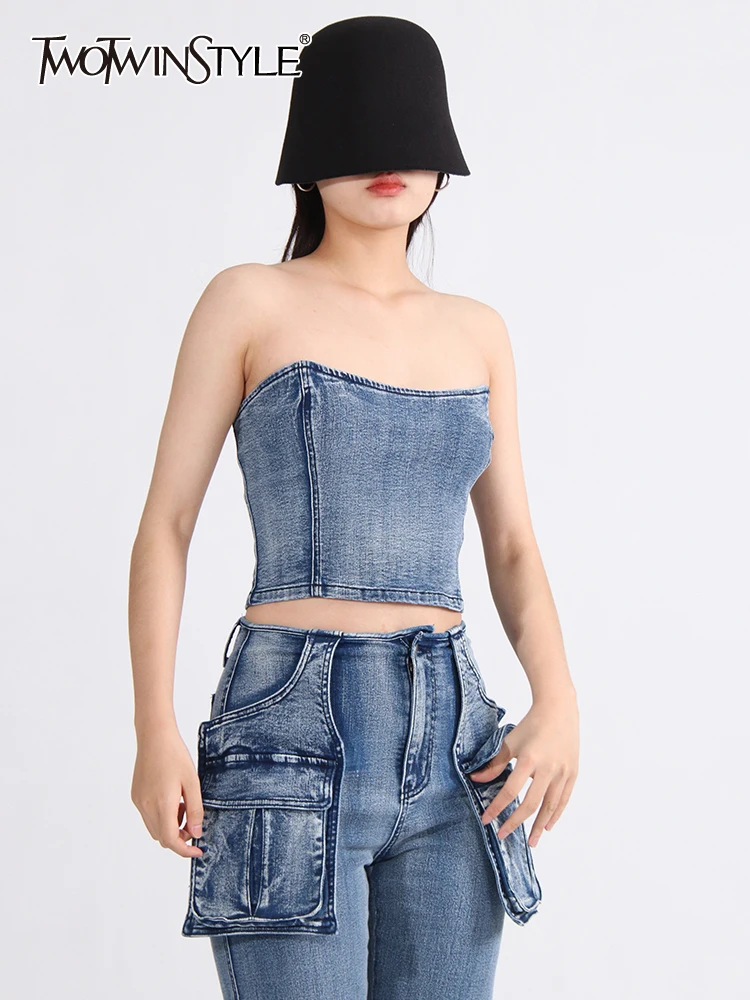 

TWOTWINSTYLE Denim Solid Tank Tops For Women Strapless Sleeveless Slim Backless Spliced Zipper Vest Female Fashion Clothing New