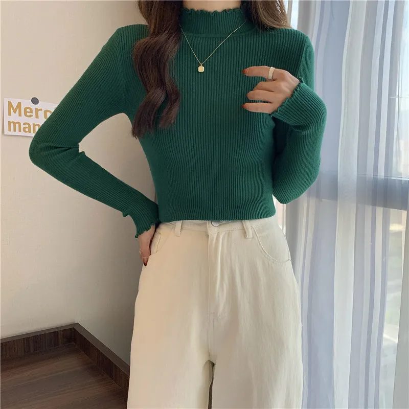 

2022 fashion Sweater Women korean Knitted Pullover woman Sweaters Long Sleeve fungus half Turtleneck Slim solid Jumper Soft tops
