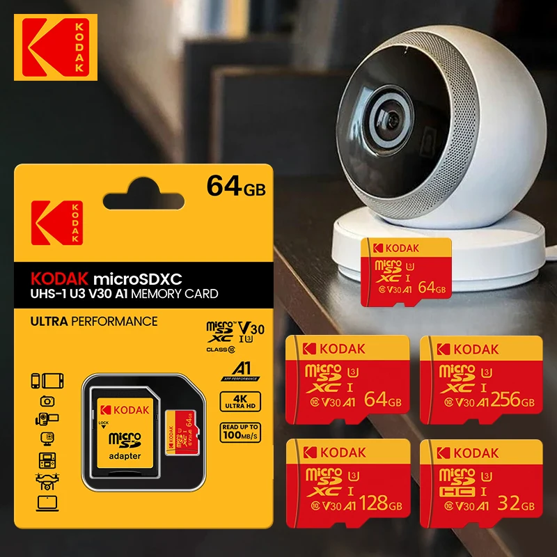 Карта памяти KODAK Red Micro SD 256 ГБ 100 МБ/с Class10 U3 UHS-I 32 64 128 TF SD-карта 4K HD для телефона ПК