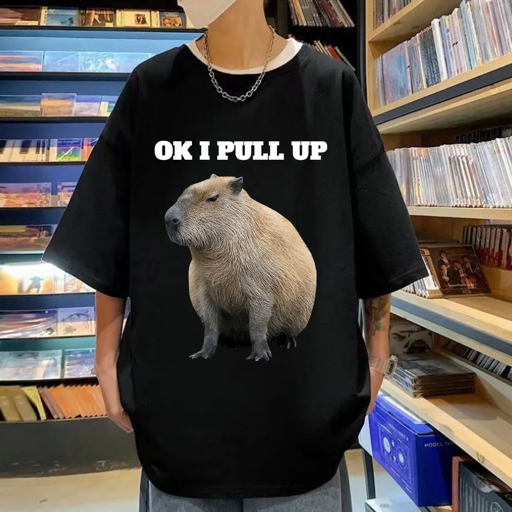 

OK I PULL UP Capybaras T Shirt Men Women High Street Fashion Short Sleeve T Shirts Summer High Quality Cotton Casual T-shirts