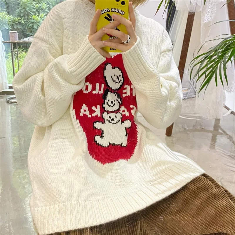 

Кавайный мультяшный милый вязаный свитер Deeptown, женский белый пуловер в японском стиле, джемпер, женские корейские модные милые топы оверсайз