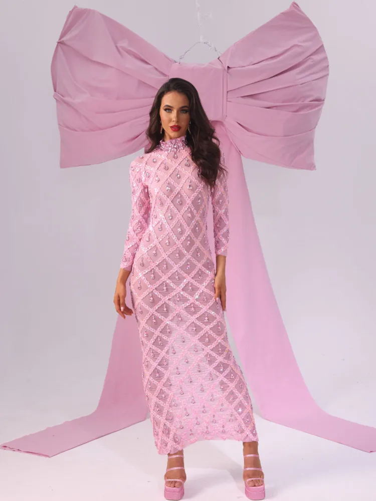 Женское Сетчатое платье с длинным рукавом розовое облегающее длинное большим