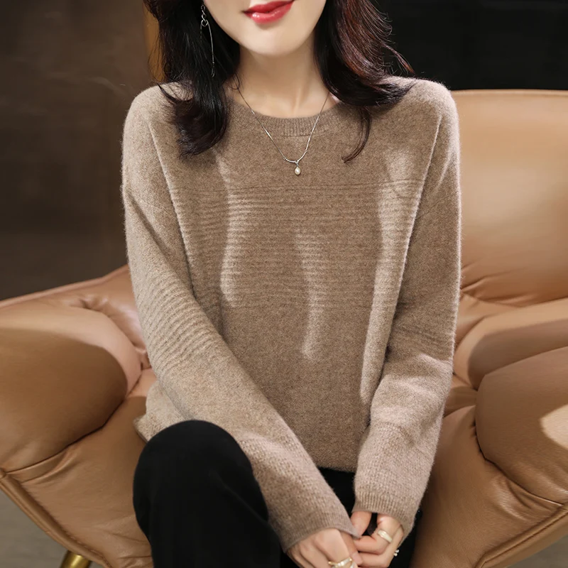 Вязаный пуловер из 100% чистой шерсти женский жаккардовый свитер с круглым вырезом