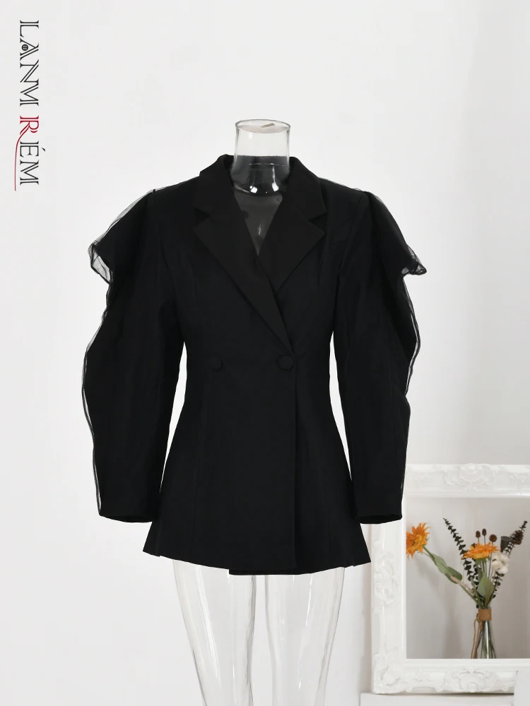 

Женский двубортный Блейзер LANMREM, Черный Тонкий Блейзер с отложным воротником из газовой Ткани в стиле пэчворк, осень 2023, новая одежда 32C153