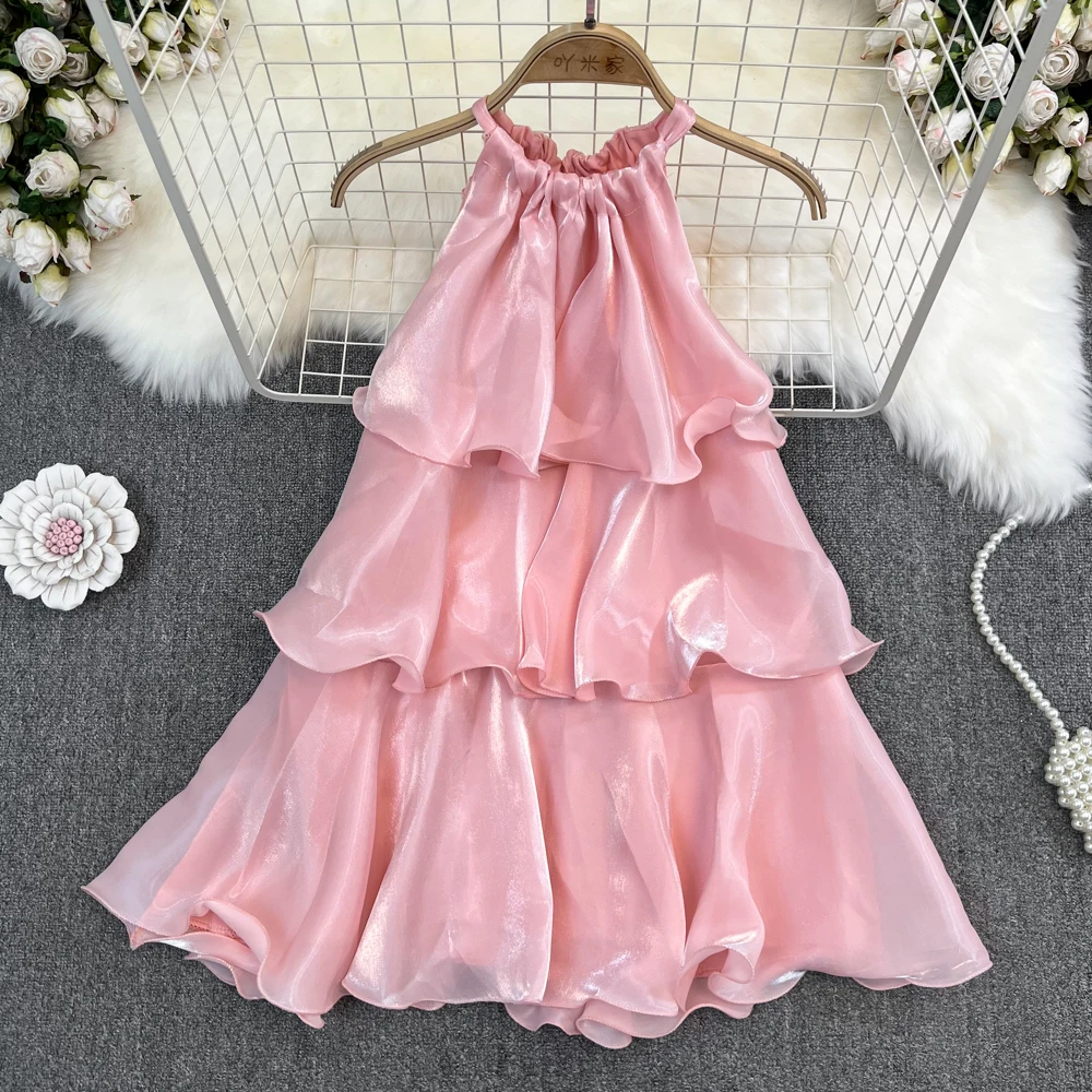 

Корейское летнее милое популярное свободное тонкое ТРАПЕЦИЕВИДНОЕ Пышное Платье без рукавов с лямкой на шее розовое платье-комбинация с оборками для женщин