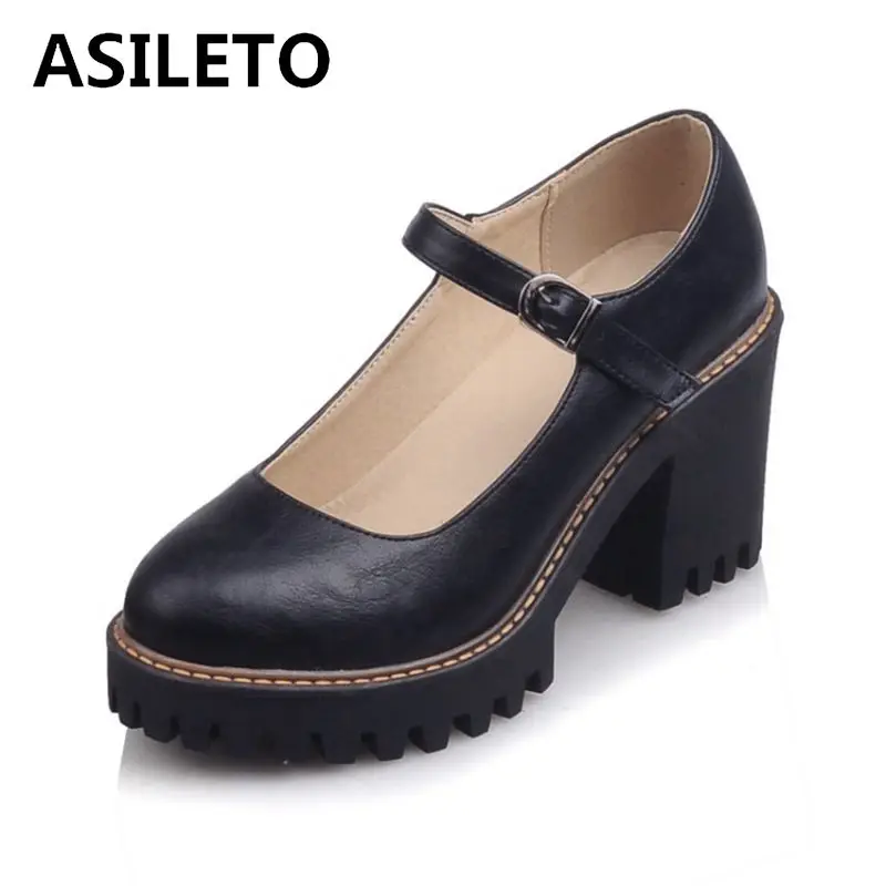 

ASILETO Chunky Heels Causal Brogue Mary Janes Pumps BuckleVintage Block Square Mid heels Carved Ladies Big Size 43 D581