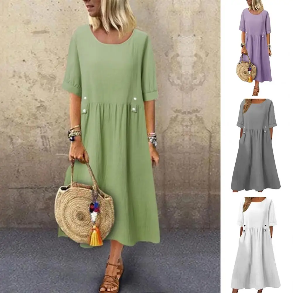 

Classic Women Dress Round Neck Dress-up Fadeless Cotton Linen Women Dress