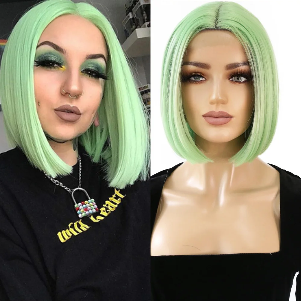 

ORIANE Bob Straight Synthetic Lace Wigs For Women Green Color Cosplay Wigs Middle Parting Hair High Temperature Fiber Short Wigs