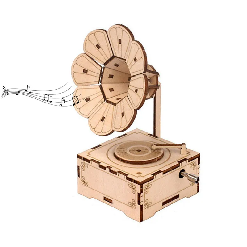 

Creative 3D Wooden Puzzle DIY Hand Cranked Phonograph Music Box Handmade Assembly Model Building Kits Home Decoration Kids Toys