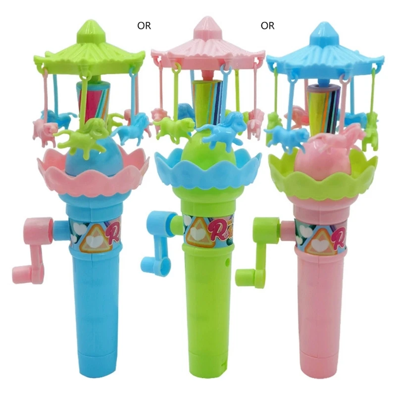 Manual Rotation Carousel Toy with Gear Mechanism LED Lights for Roadside Booths Interactive Hand Crank Merry-Go-Round