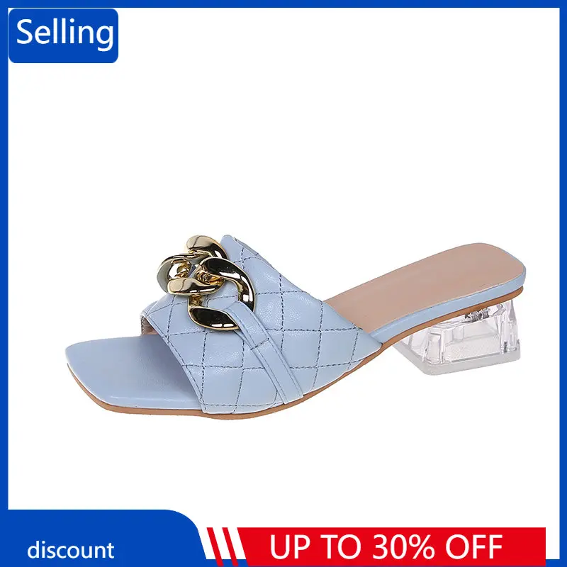 

Новинка 2023, женские босоножки в шотландскую клетку, на Высоком толстом каблуке, с цепочкой и квадратным носком