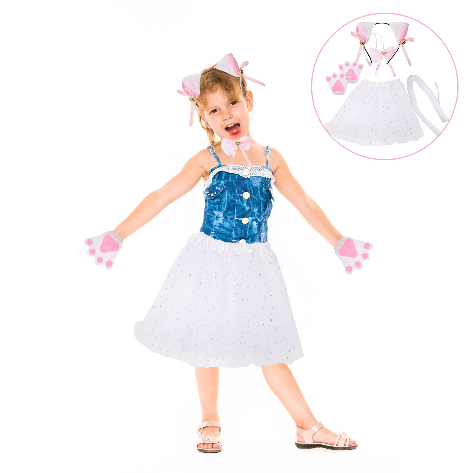 

1 Set Kids Cosplay Cat Costume Cat Ears Headband Gloves Bowtie Tail Prop Tutu Skirt for Party