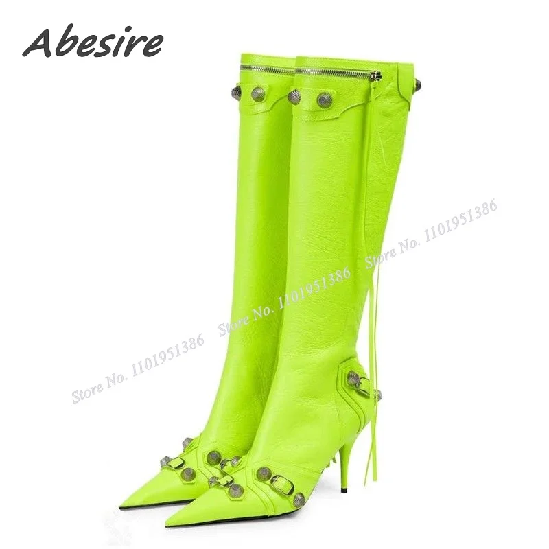

Abesire Green Fringe Rivet Decor Boots Side Zipper Solid Stiletttos High Heel Pointed Toe Knee High Runway Shoes Big Size Shoes
