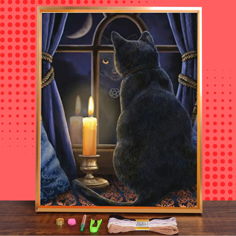 Ткань с принтом волшебного черного кота 11CT Набор для вышивки крестом DMC нити
