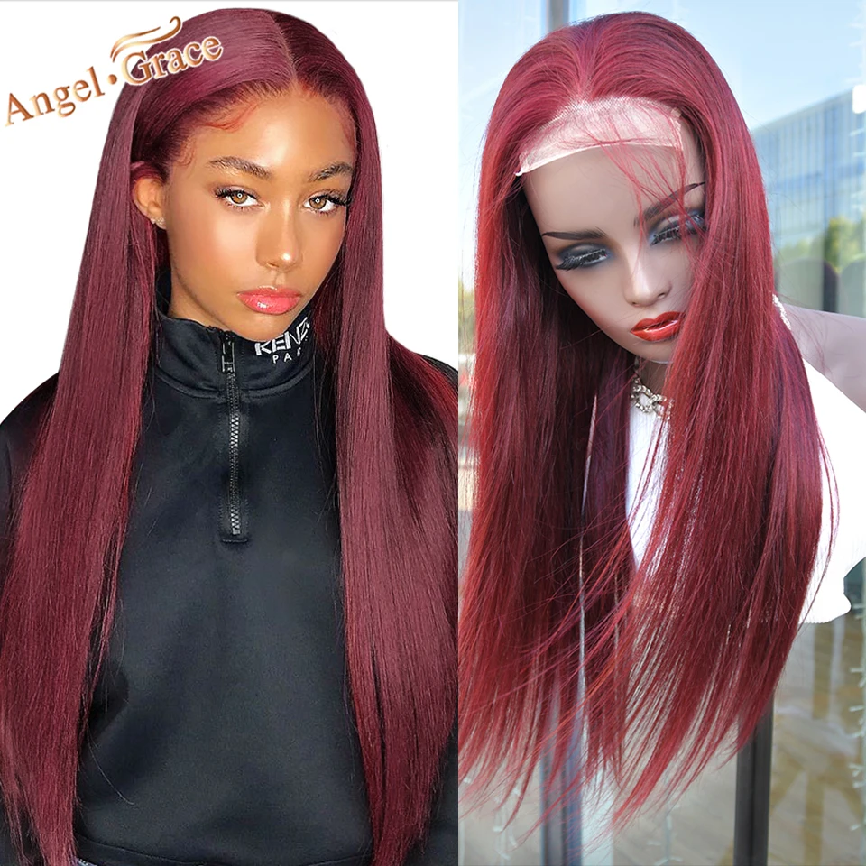 

Angel Grace Burgundy 4x4 Lace Closure Wig Natural Straight Hair 99J Closure Wig 30inch Malaysia Human Hair Wigs Pre Plucked