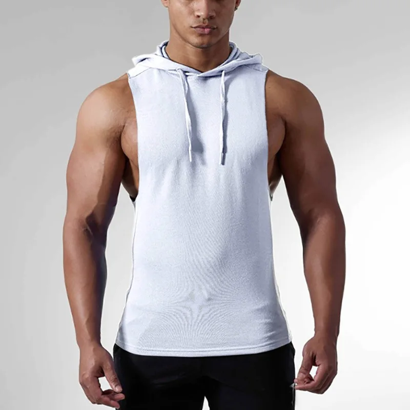 Men's Muscle Fitness Workout Tank Tops Gym Soft Drawstring Sleeveless Hoodies Bodybuilding Sweatshirts