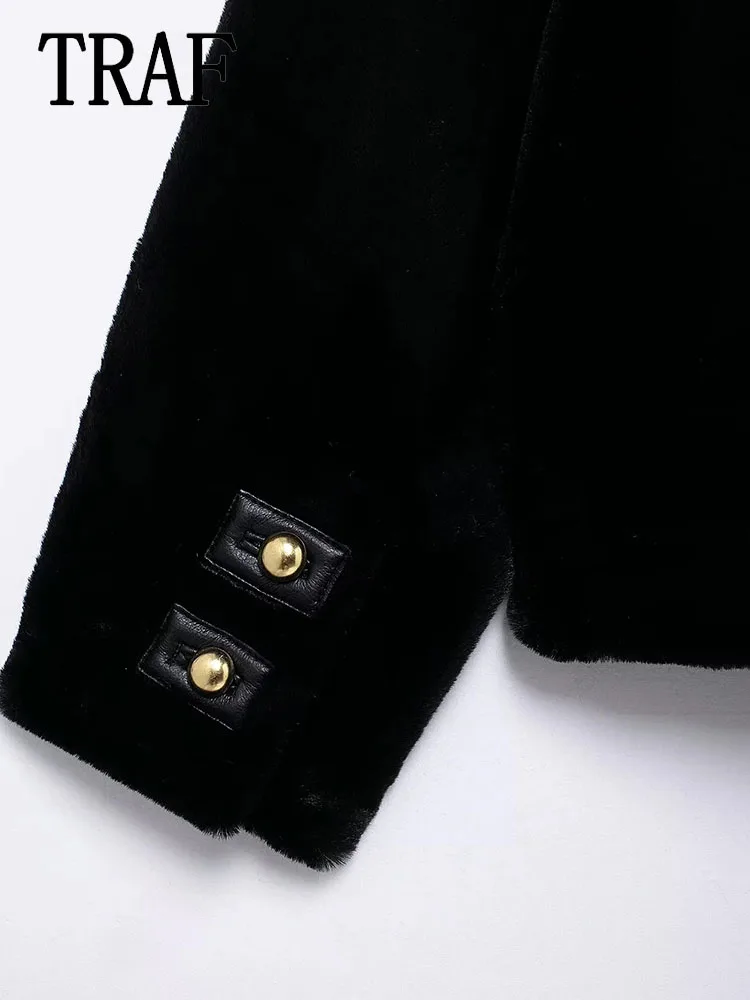 TRAF женские пушистые пальто осень-зима куртки с длинными рукавами новая верхняя