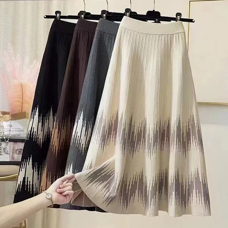 

Женская трикотажная юбка в стиле Харадзюку, Повседневная разноцветная свободная юбка миди с геометрическим узором и высокой эластичной талией, Осень-зима 2023