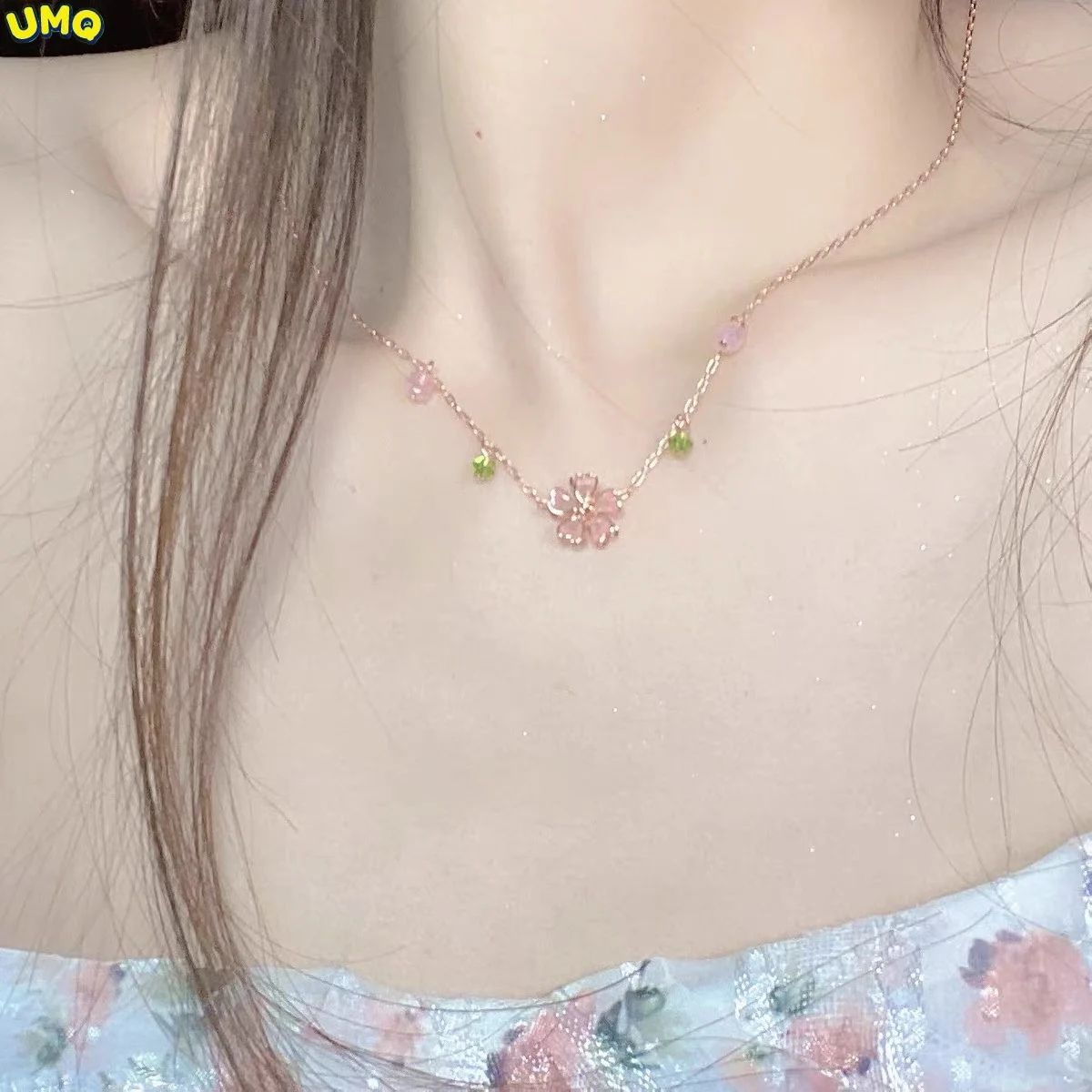 

Cherry Blossom Necklace Female Summer High-level Design Sense Niche Crystal Pendant Pink Flowers Light Luxury Sweet Extremely