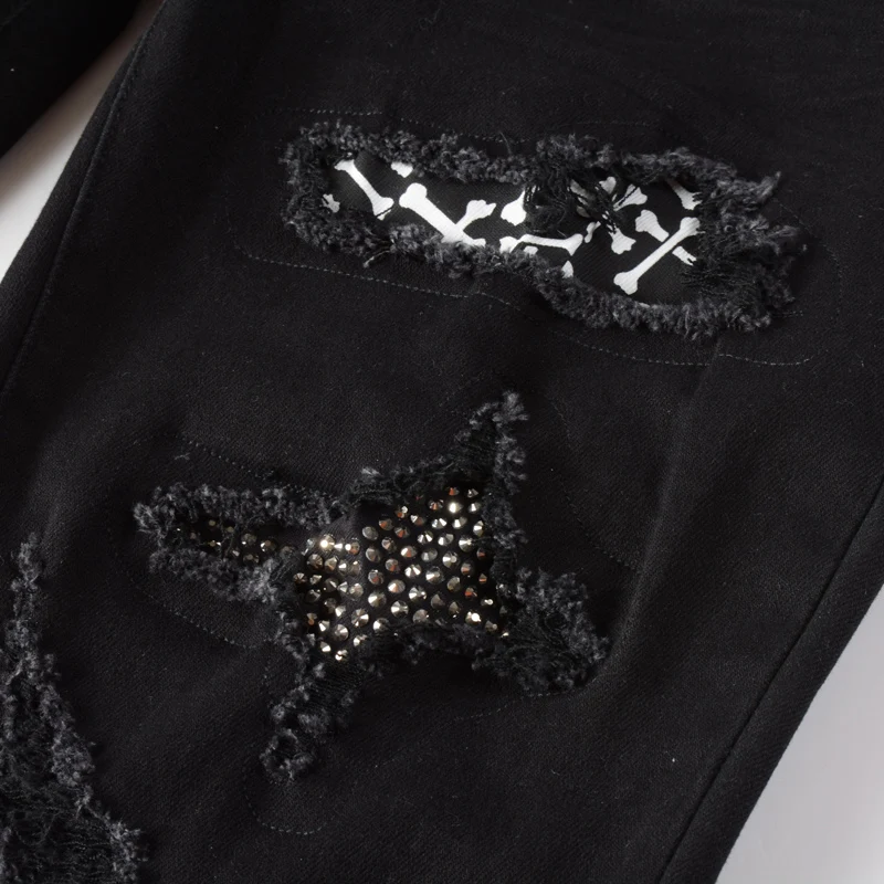 Streetwear Fashion Men Jeans Black Color Slim Fit Stretch Hole Ripped Jeans Men Plaid Patch Designer Hip Hop Brand Pants Hombre