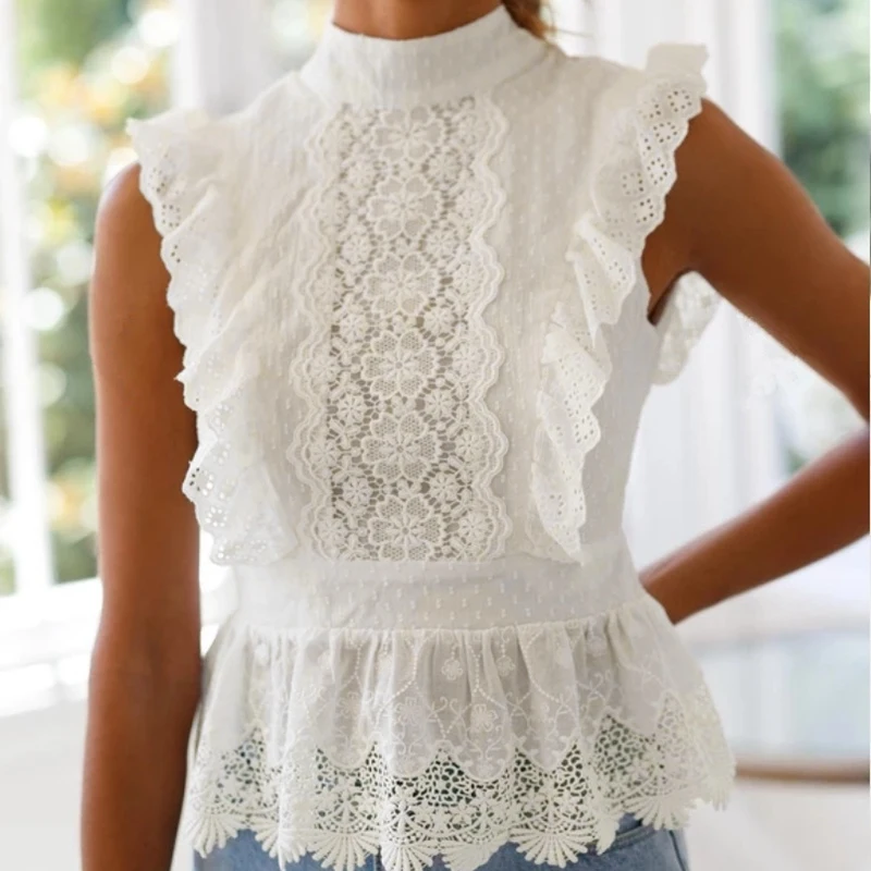 

Women's New Style Blouse Strappy Sexy Open Back Round Neck Lace Shirt White
