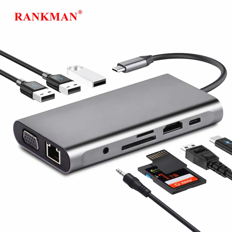 USB C-концентратор Rankman для Gigabit RJ45 Lan Тип C 4K HDTV VGA SD TF-кардридер USB 3,0 док-станция для MacBook iPad Samsung S21 Dex TV PS5